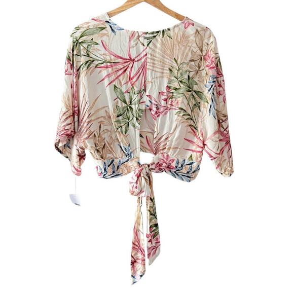 NWT Hurley Summer Palm Flounce Crop Tie Back V-Neck Top in Cream Multi Size L - Picture 6 of 9